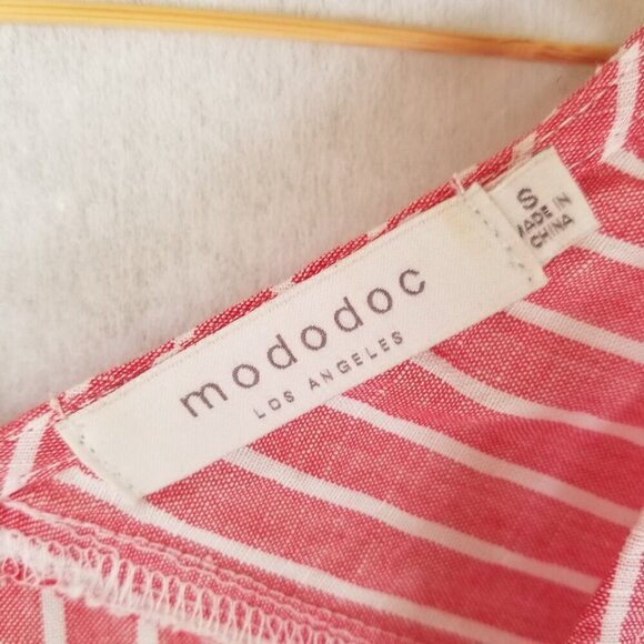 Mododoc LA Linen Blend Dress Red Stripe Tie Waist Relaxed Fit Pockets Size Small - Picture 7 of 9